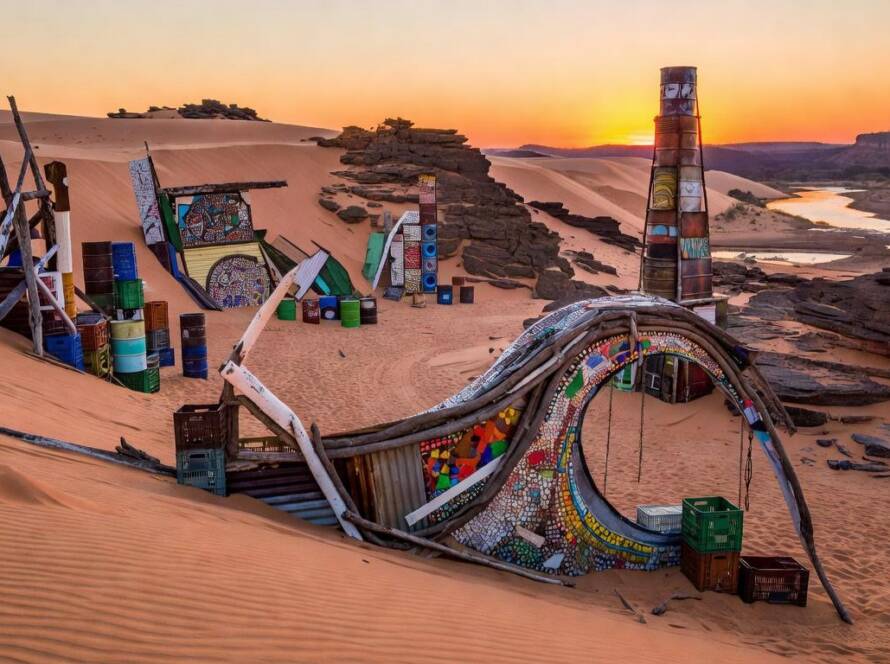 Instalação de arte ecológica em paisagem desértica brasileira representando o AlUla Arts Festival 2026 com foco em transformação cultural e sustentabilidade.