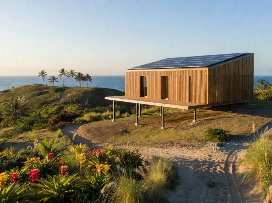 Casa desmontável e sustentável em estilo moderno, ambientada em paisagem costeira brasileira.