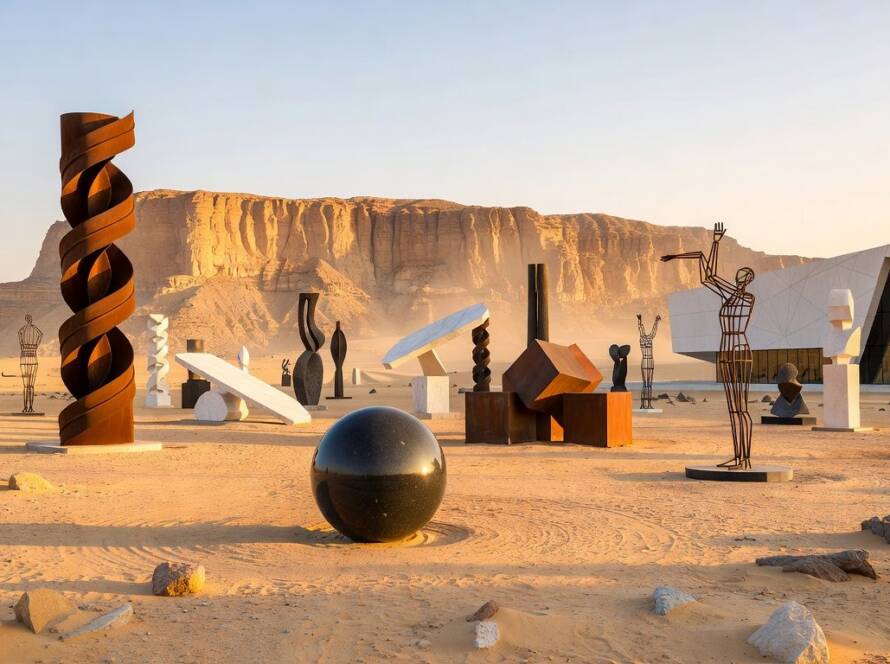 Esculturas internacionais expostas no Simpósio de Esculturas Tuwaiq em Riyadh, com paisagem desértica ao fundo.