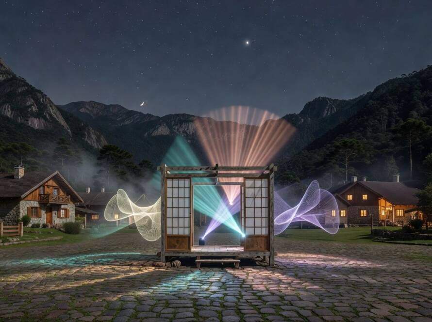 Instalação de luz Chashitsu Hikari Schürli em vila montanhosa brasileira durante semana de arte, com iluminação etérea e arquitetura alpina.