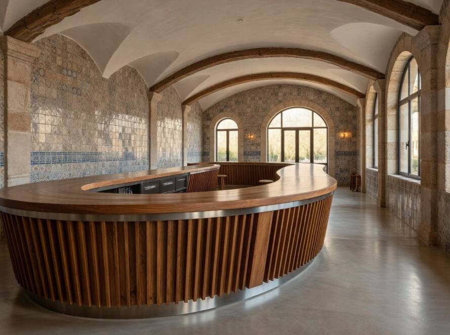 Balcão escultural de 15 metros revelado pelo estúdio XXXI.studio para o restaurante BAZ em Lisboa