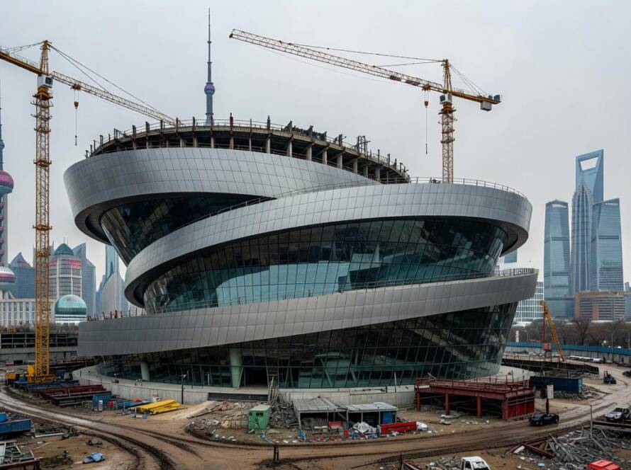 Imagem da Shanghai Grand Opera House se aproximando da conclusão em Xangai, com arquitetura moderna espiralada.