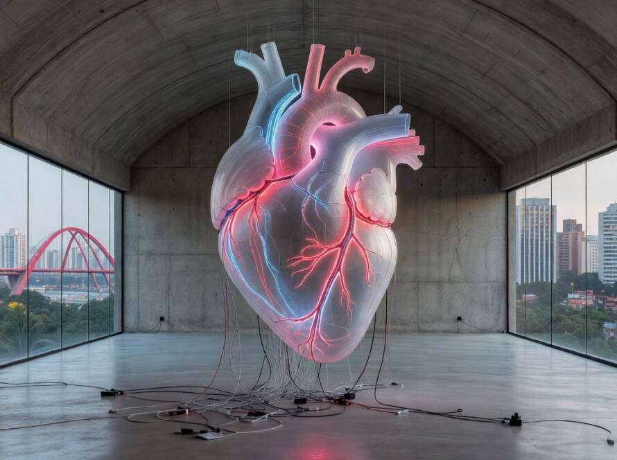 Instalação artística Your Heart Specimen pulsando com carga de smartphones em galeria brasileira.