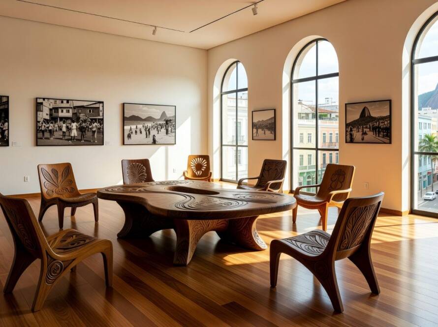 Sala de exposições no Rio de Janeiro com móveis icônicos relançados pela BD Barcelona, inspirados em Antoni Gaudí.