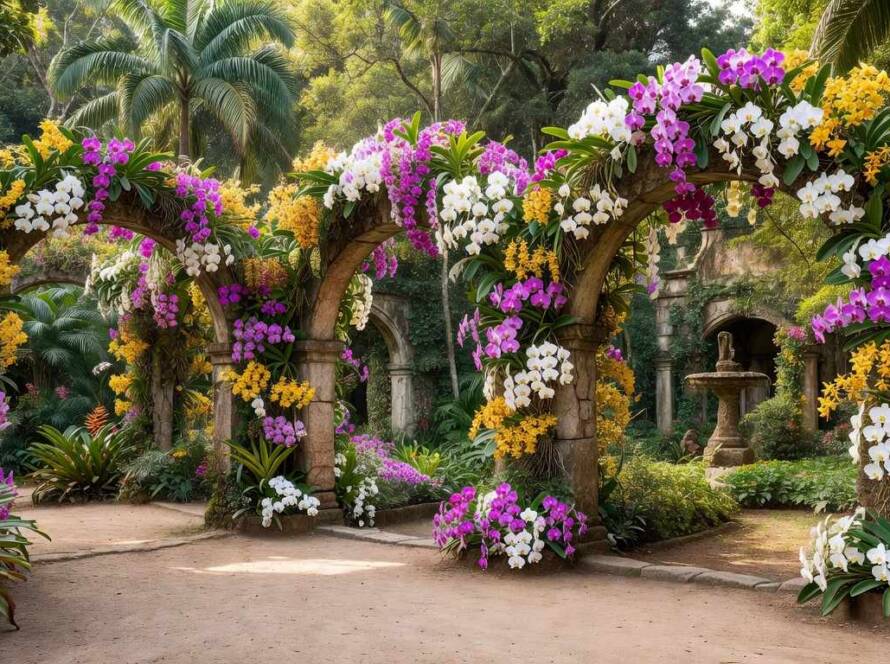 Jardim botânico no Brasil com orquídeas transformando ícones urbanos em paraíso floral.
