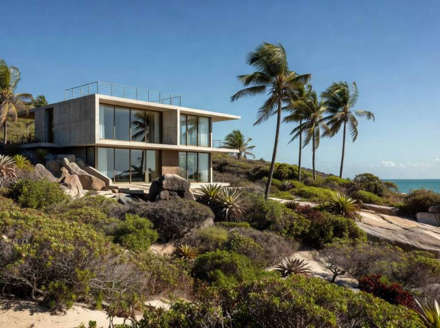 Casa moderna integrada à paisagem natural de ilha brasileira, com arquitetura minimalista e vegetação nativa.