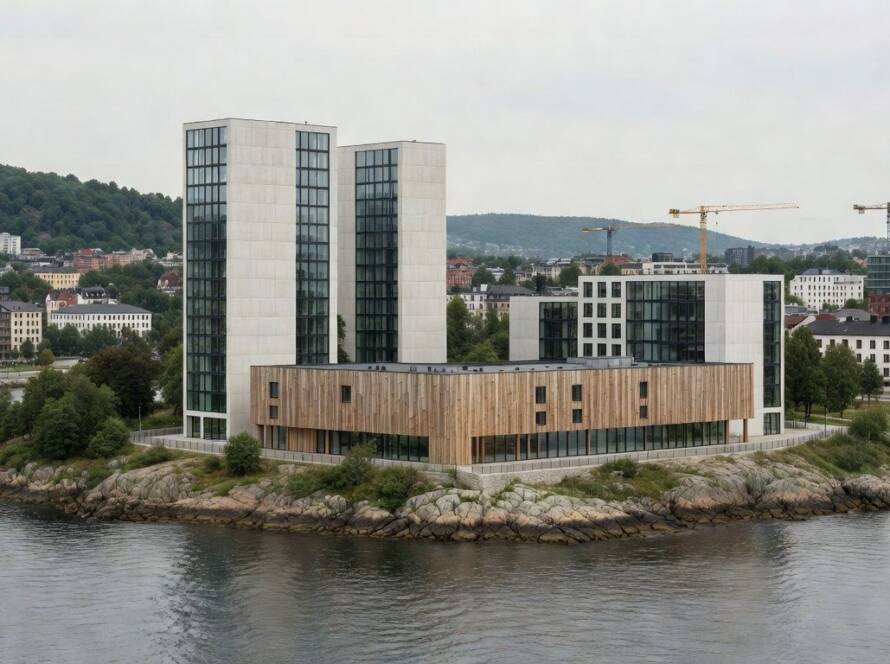 Edifícios modernos do Novo Bairro Governamental de Oslo após conclusão da primeira fase pela Nordic Office of Architecture.