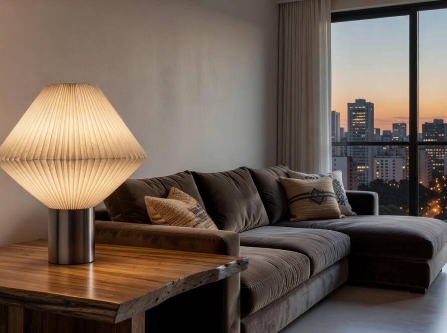 Abajur Aoi inovador com tecido plissado e tradição japonesa em iluminação moderna, ambientado em sala brasileira.