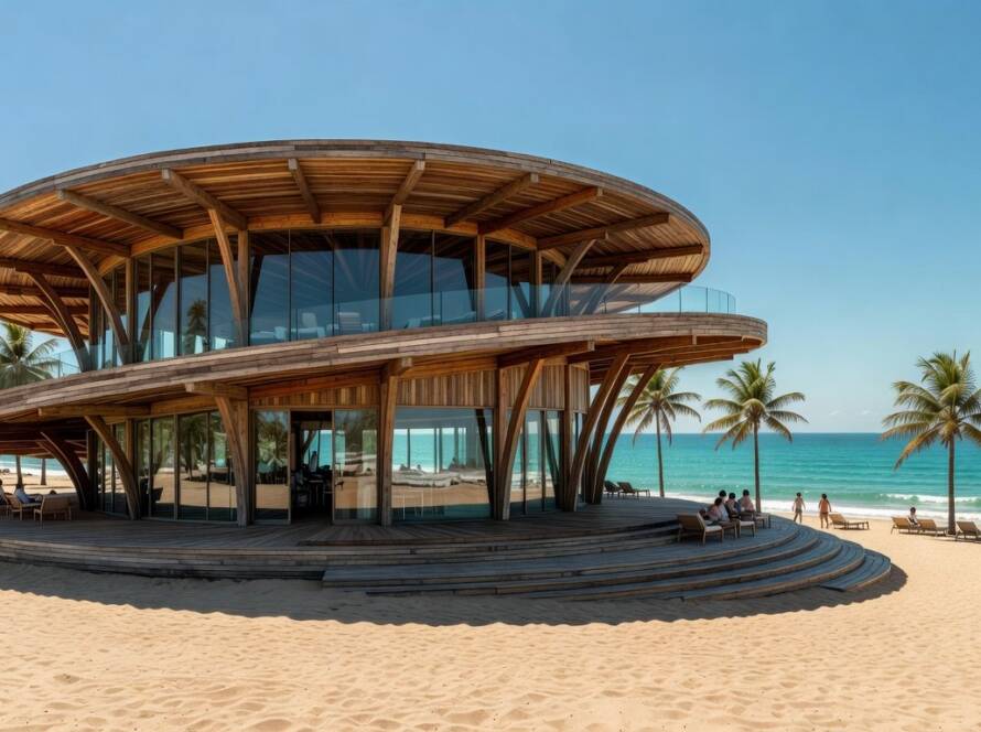 Clube de praia no Brasil com arquitetura inspirada na sequência de Fibonacci, vista da costa e estruturas curvas.