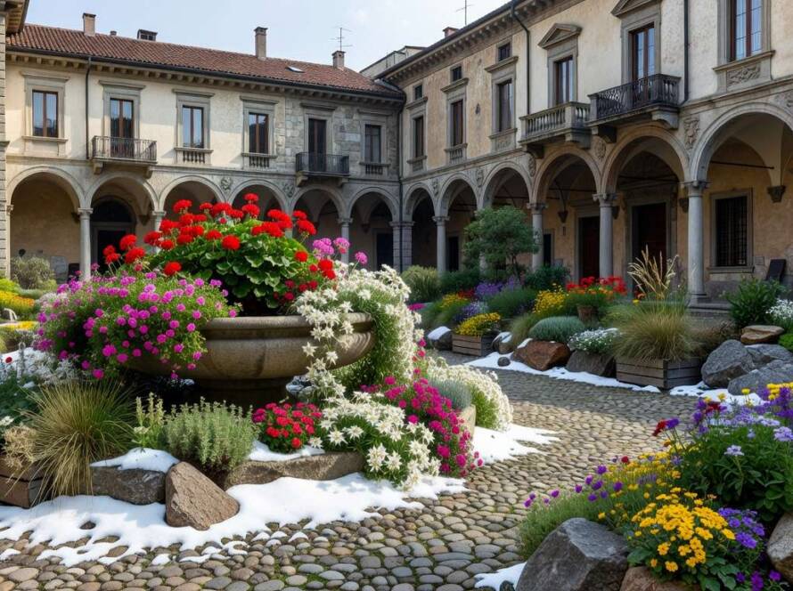 Pátio em Milão transformado em jardim alpino com plantas montanhosas para promover Jogos de Inverno.