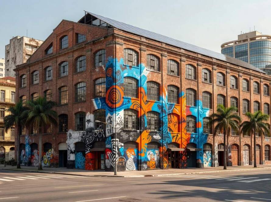 Prédio industrial em São Paulo transformado em hub criativo para empresa, com fachada revitalizada e elementos modernos.