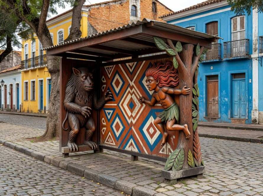 Parada de ônibus artística inspirada em histórias locais em cidade histórica brasileira.