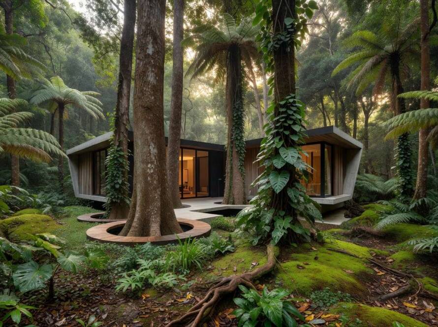 Residência sustentável integrada com árvores nativas da Mata Atlântica no Brasil, em estilo arquitetônico inovador.