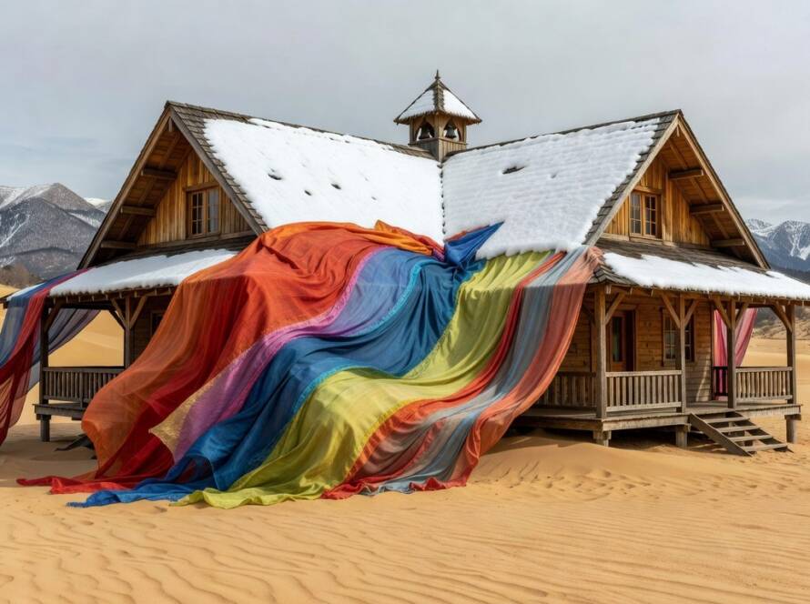 Instalação têxtil reimaginada com IA em pavilhão alpino no Brasil, misturando deserto e montanhas.