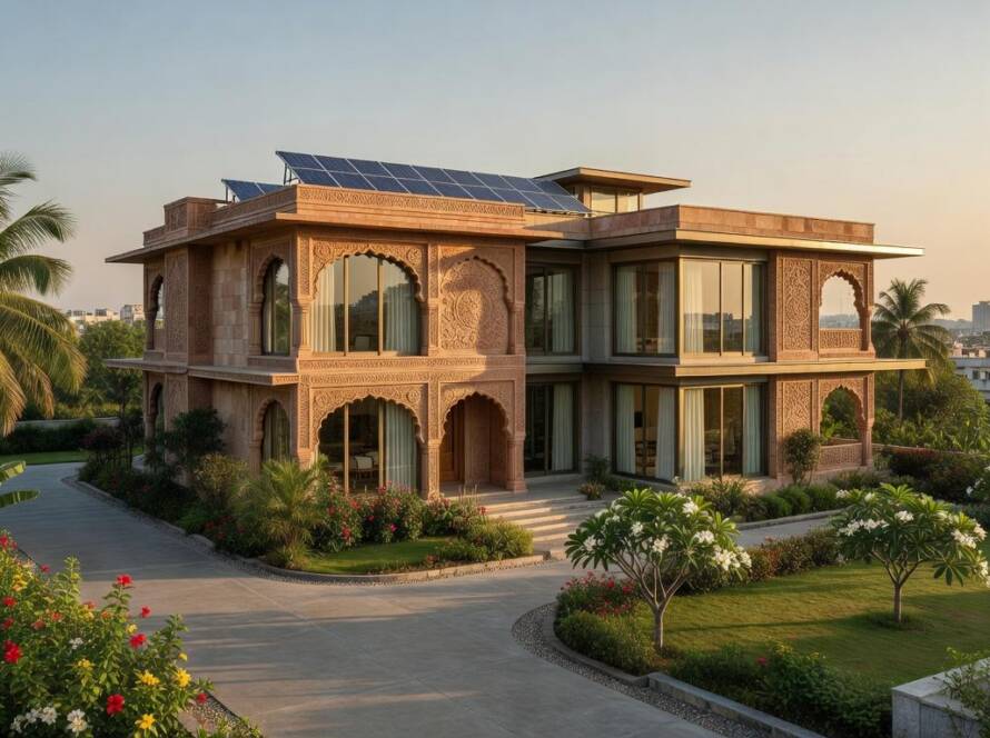 Residência de luxo Prabh-te-Ras em Raipur, unindo tradição indiana e inovação arquitetônica.