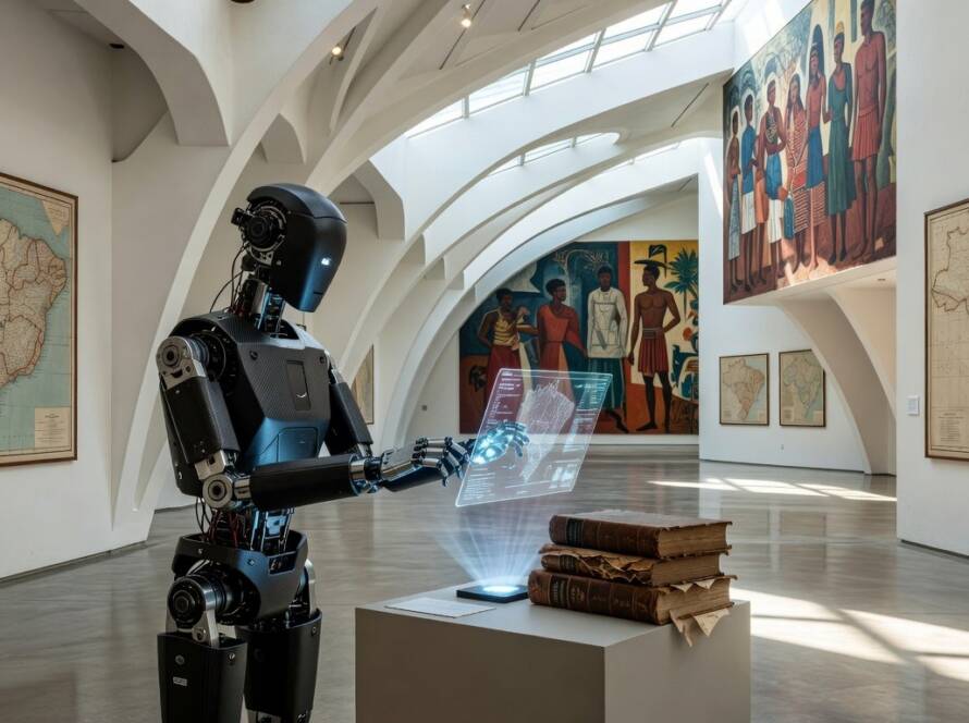 Instalação artística com robô reescrevendo história em museu brasileiro, estilo fotojornalístico.