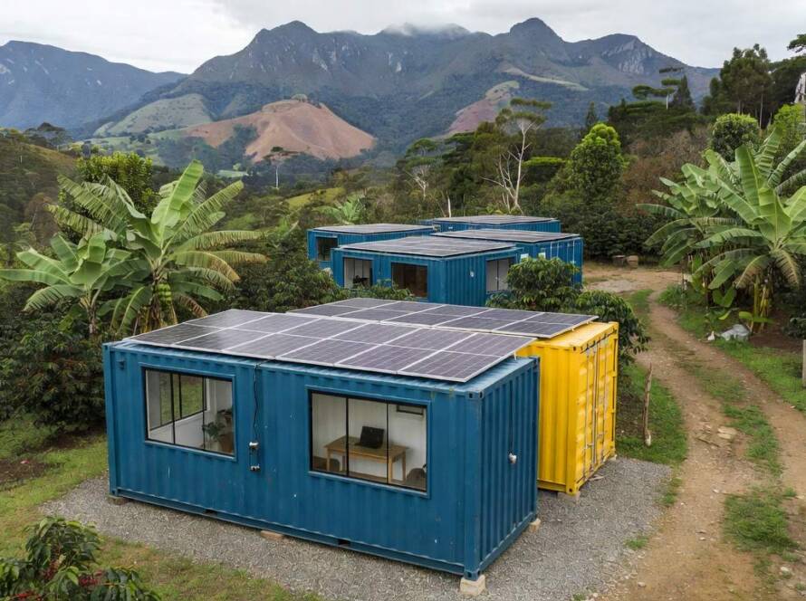 Contêineres transformados em escritórios sustentáveis para empresa agrícola no Brasil, com painéis solares e ambiente rural.