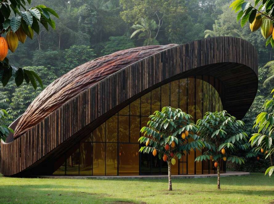 Exterior do Museu La Cacaotera em Tabasco, celebrando a herança do cacau em espaço inovador.