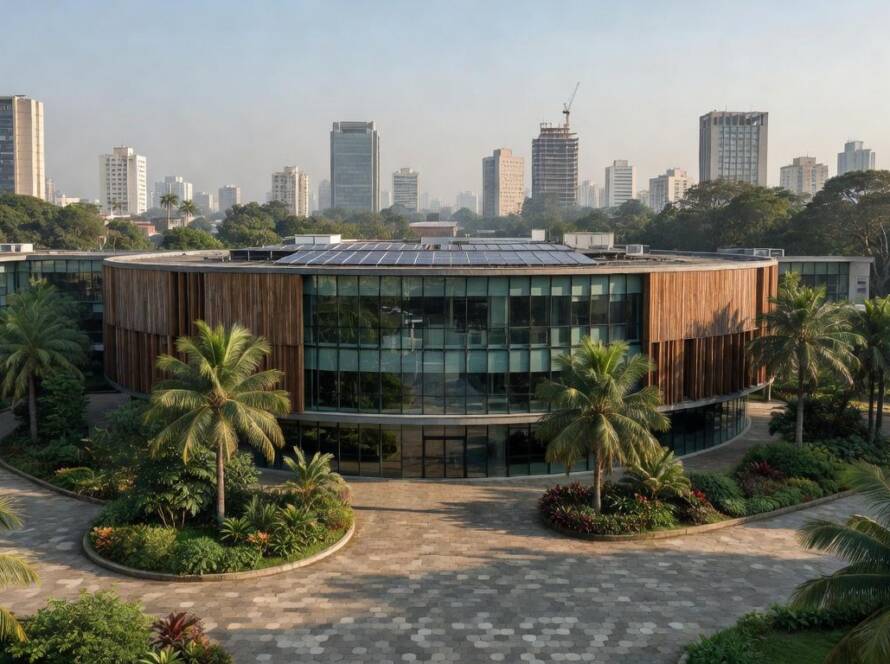 Complexo escolar inovador com arquitetura moderna em cidade brasileira, destacando design sustentável e integração com natureza urbana.
