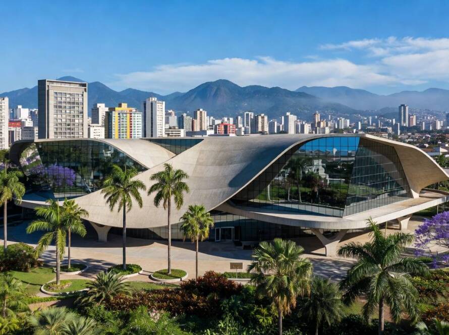 Complexo cultural e esportivo projetado com paisagem abstrata em ambiente urbano brasileiro.