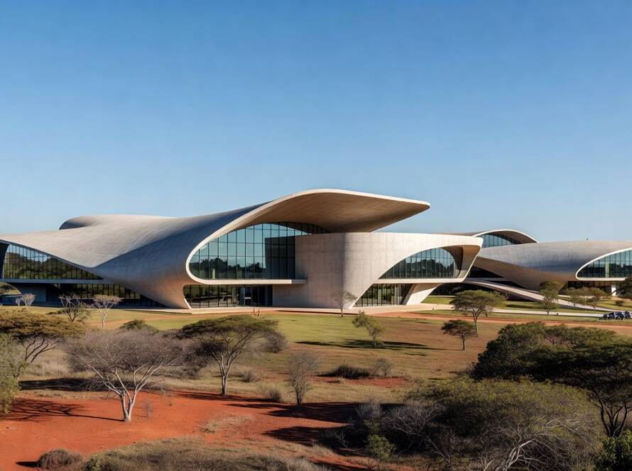 Edifícios modernistas em Brasília representando hub de design inovador no Brasil.