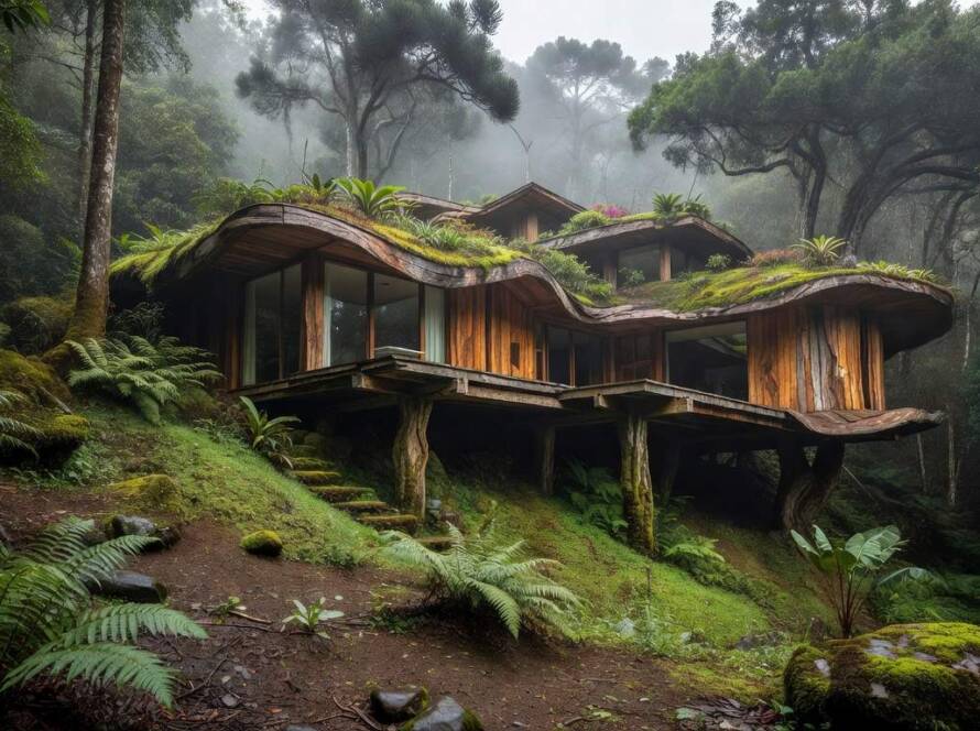 Residência Villa Sensorium inspirada nas florestas de Yakushima, integrada à Mata Atlântica brasileira, com arquitetura sustentável e elementos naturais.