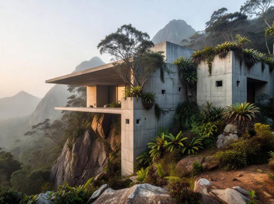 Estrutura de concreto integrada à paisagem montanhosa da Serra da Mantiqueira, inovação arquitetônica no Brasil.
