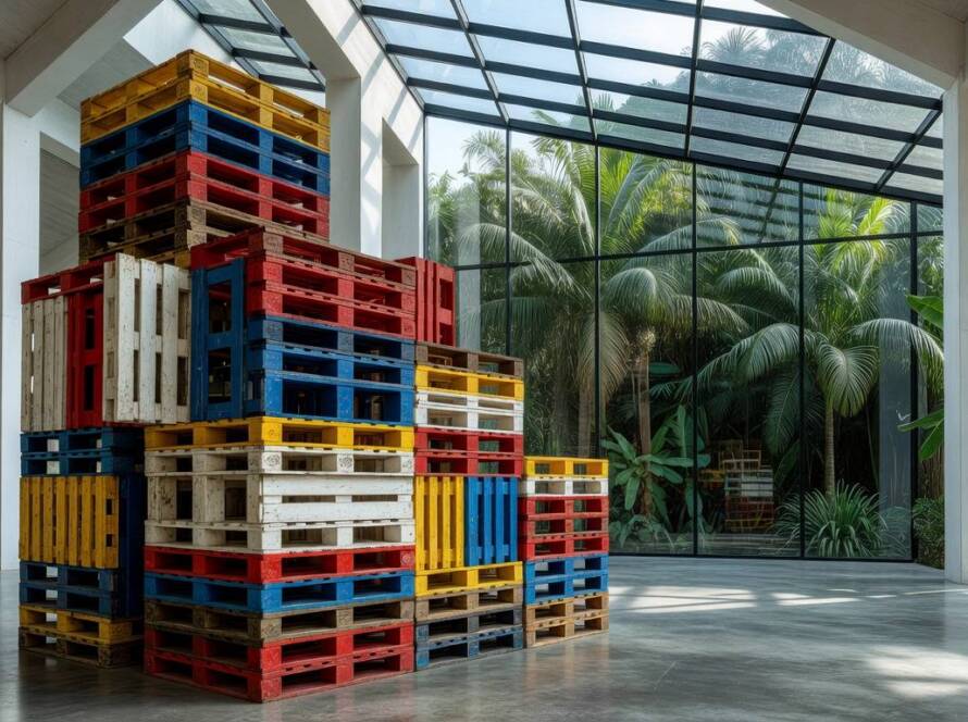 Instalação sustentável com paletes plásticos reciclados em exposição artística no Brasil, representando inovação ecológica.