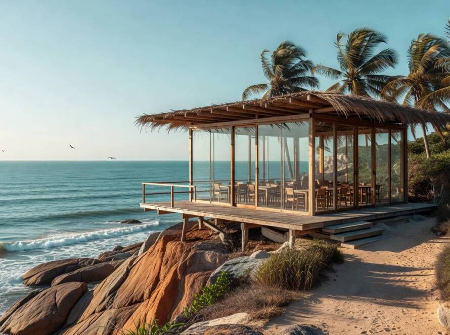 Café arquitetônico à beira-mar no Brasil, com design moderno e vista para o oceano, representando projeto inovador.