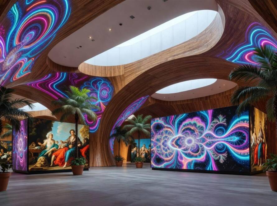 Instalação imersiva de arte e IA na Bienal de Chengdu 2026, adaptada a contexto brasileiro, com elementos digitais e estruturas modernas.