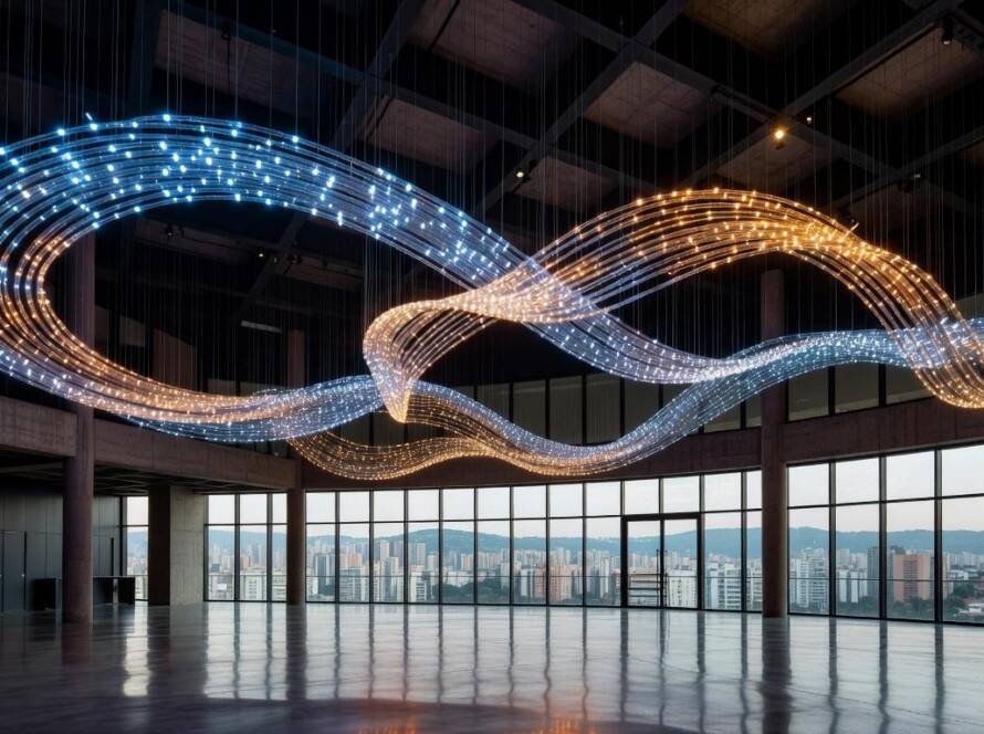 Instalação imersiva de iluminação Liiu anunciada pela Luceplan em ambiente brasileiro moderno.