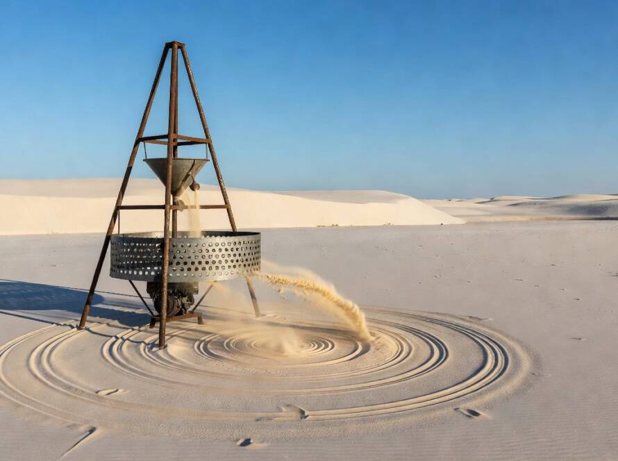 Instalação interativa transformando areia em arte nas dunas dos Lençóis Maranhenses, Brasil.