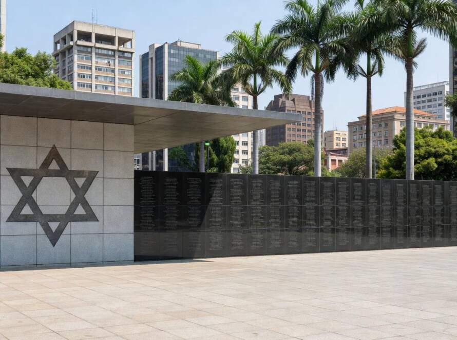Memorial judaico em São Paulo homenageando shtetl destruído no Holocausto, com arquitetura brasileira e elementos simbólicos.