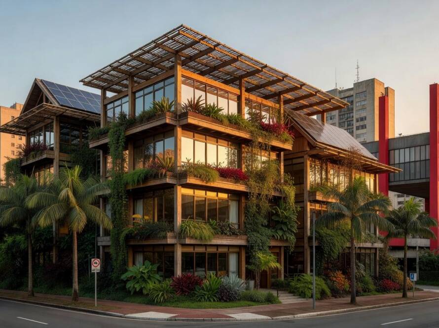 Edifício sustentável no Brasil com materiais biogênicos, representando plataforma open-source para construções ecológicas.