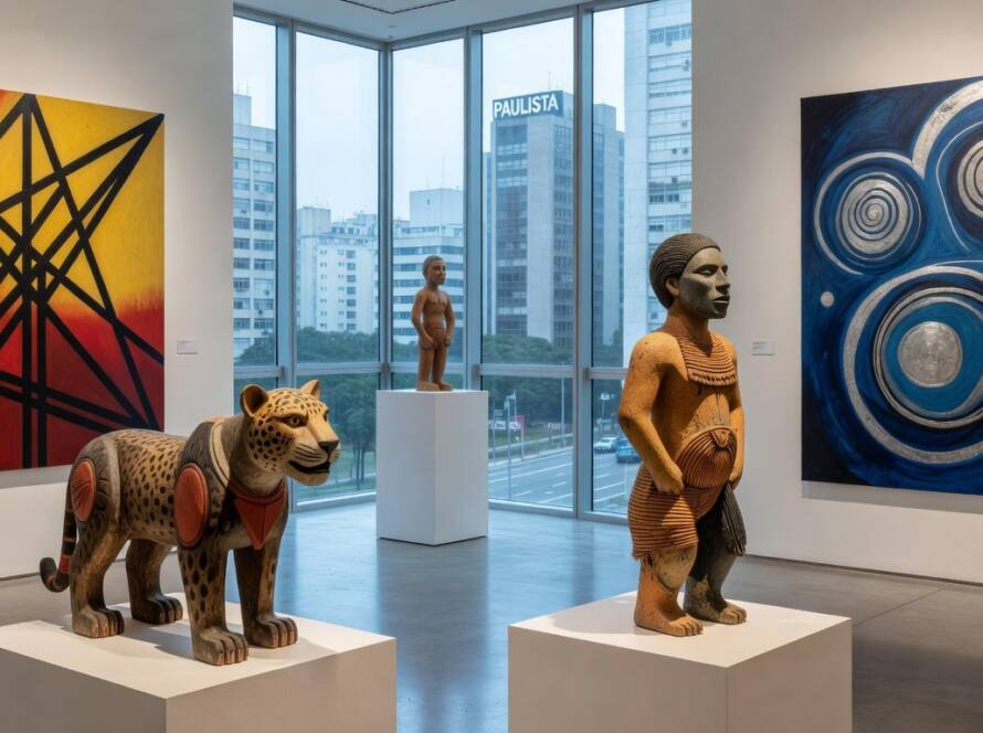 Exposição de arte indígena e transnacional em galeria brasileira, redefinindo perspectivas artísticas.