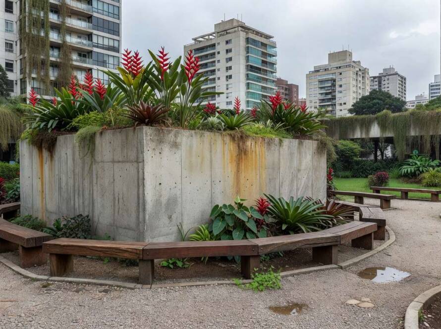 Vaso abandonado transformado em plataforma comunitária em área urbana de São Paulo, com elementos de revitalização e vegetação tropical.