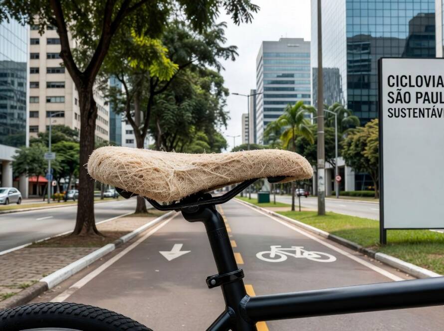 Assento de bicicleta compostável de micélio em ciclovia urbana de São Paulo.