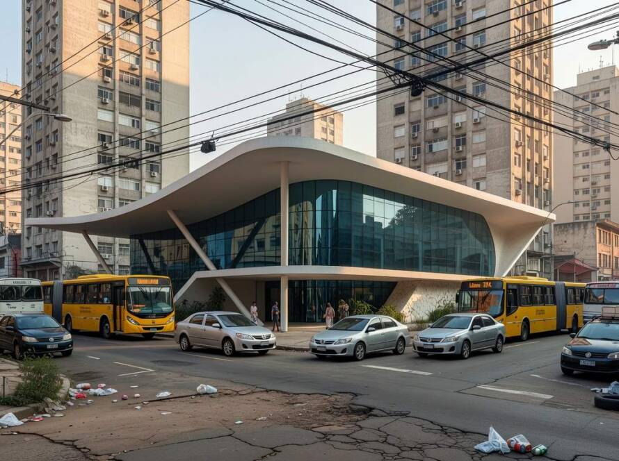 Estrutura inovadora capturando caos urbano em São Paulo, com edifícios e tráfego ao redor.