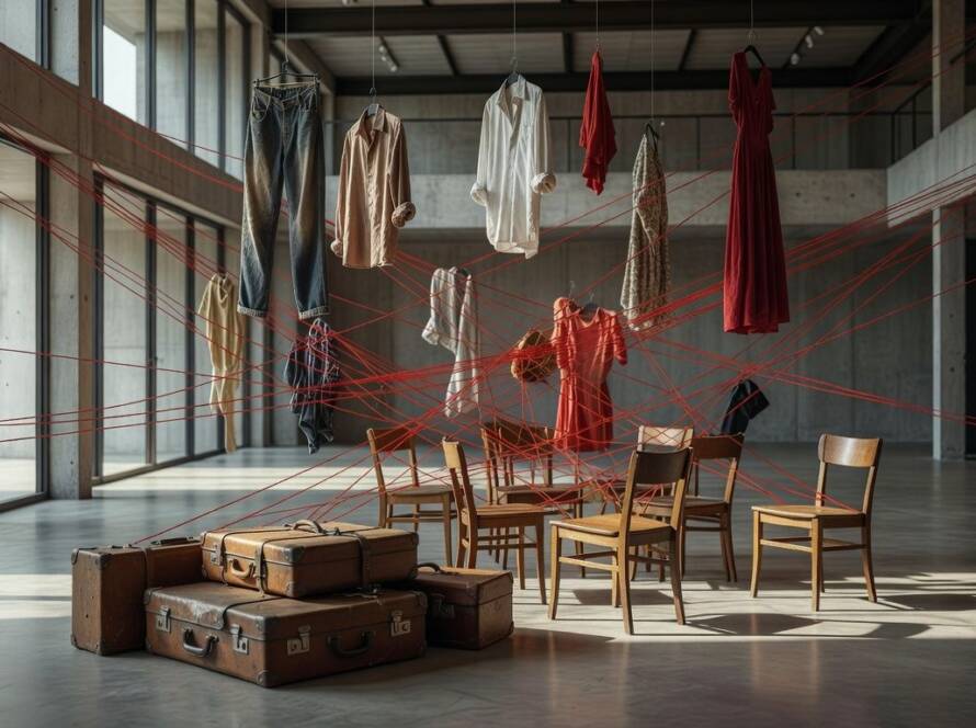 Instalação artística imersiva sobre memória e identidade em galeria brasileira, com fios e objetos entrelaçados.