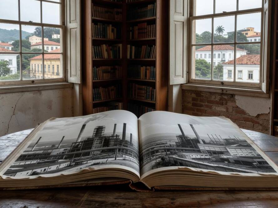 Livro aberto de monografia fotográfica sobre urbanismo no Reino Unido, em biblioteca brasileira.