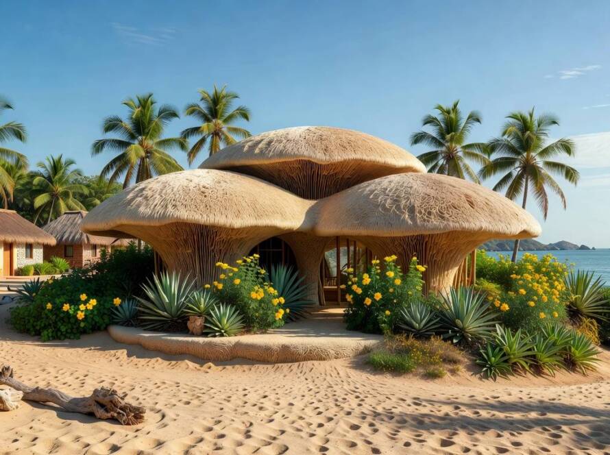 Pavilhão de cogumelos inovador da OMA na Casa Wabi, México, estrutura sustentável em ambiente costeiro.