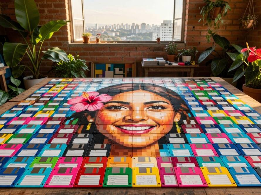 Disquetes obsoletos transformados em retrato artístico sustentável em ateliê brasileiro.