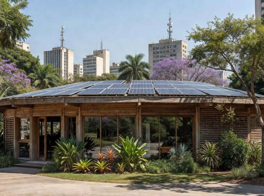 Escola modular sustentável com sistema CircleWood em ambiente urbano brasileiro, arquitetura ecológica e painéis solares.