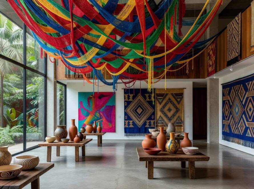 Espaço inovador The Fountain em São Paulo, com artesanato brasileiro e instalações que celebram conexões.