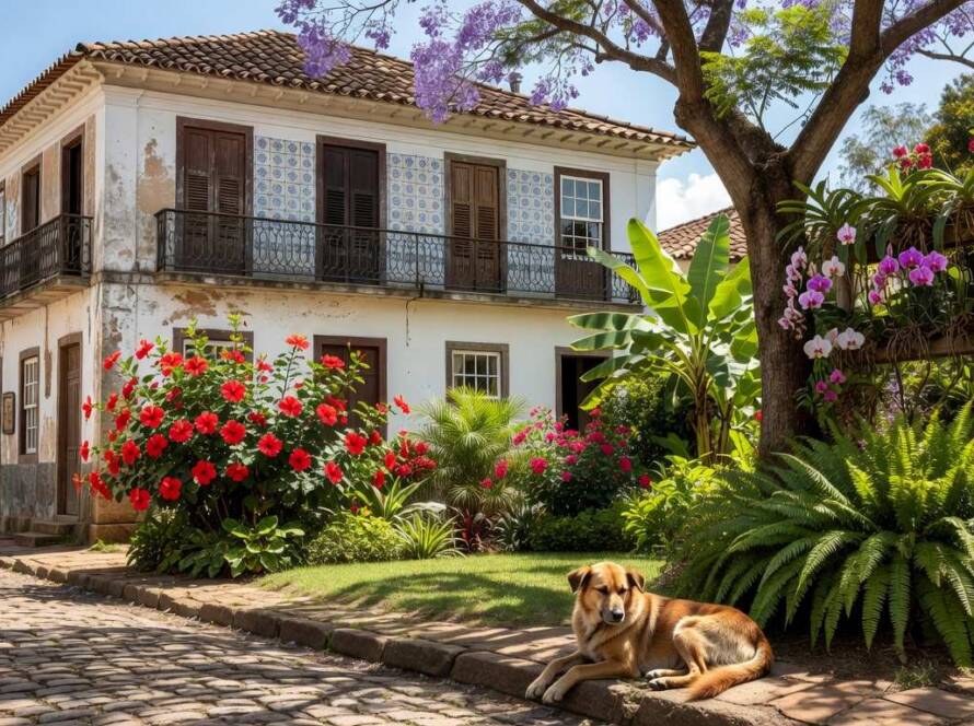 Casa colonial vintage no Brasil com jardim florido e cão, inspirando arquitetura com paixões por flores e vintage.