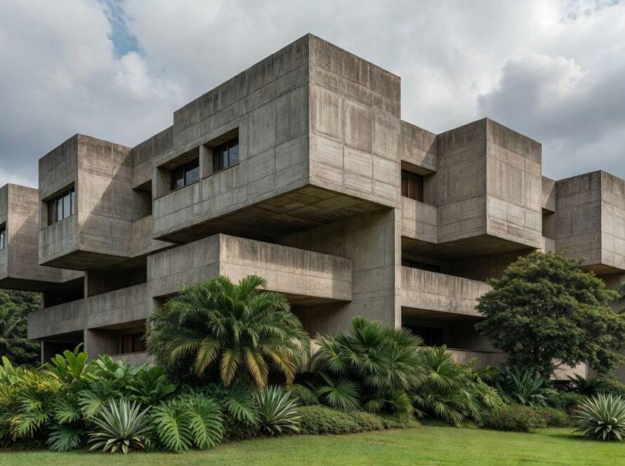Edifício brutalista em concreto aparente em cidade brasileira, representando relevância do estilo arquitetônico.
