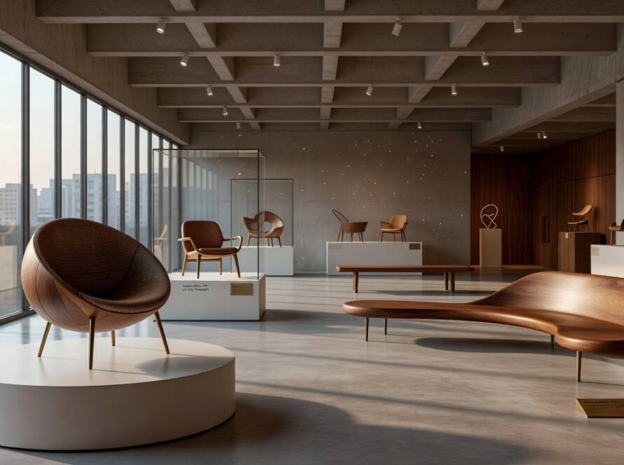 Exposição de arquivos de design de Hella Jongerius em museu brasileiro, com peças modernas expostas.