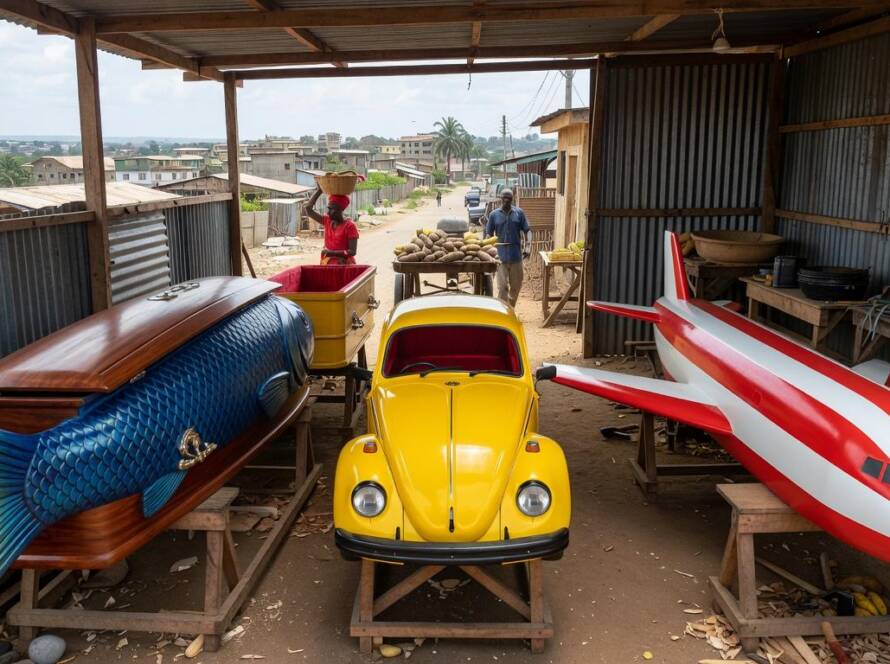 Caixões figurativos em formas de objetos em oficina em Gana, ilustrando insights de pesquisa sobre tradição local.
