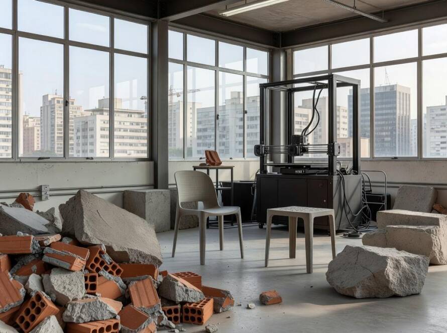 Resíduos de demolição transformados em móveis 3D sustentáveis no projeto Inorganic Growth da Bentu Design.