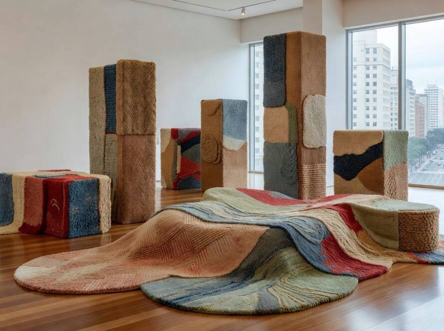 Esculturas de carpetes reciclados em galeria de arte em São Paulo, representando design sustentável.